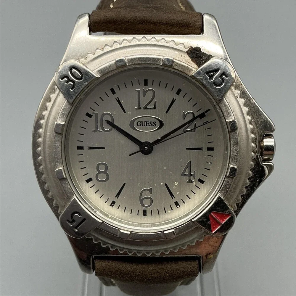 Vintage Guess Womens Watch 29mm Silver Tone Brown Leather Band New Battery